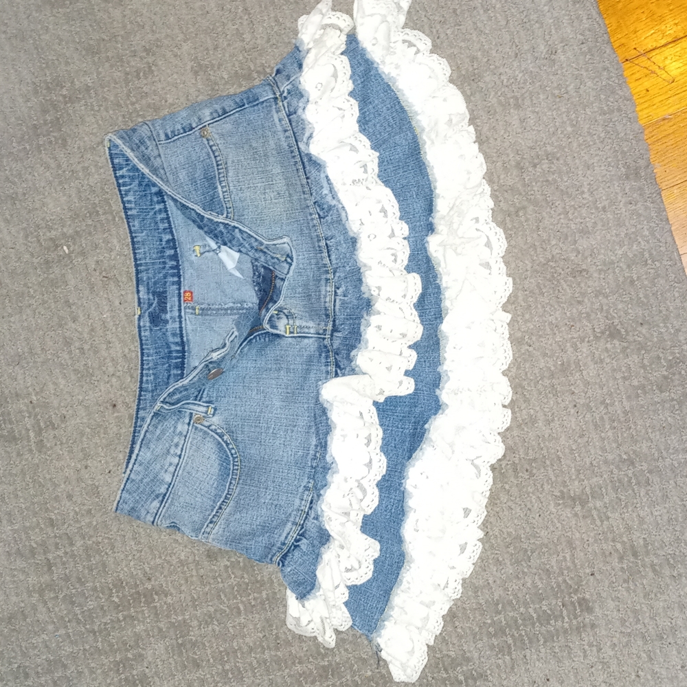 Jean skirt with white lace ruffles